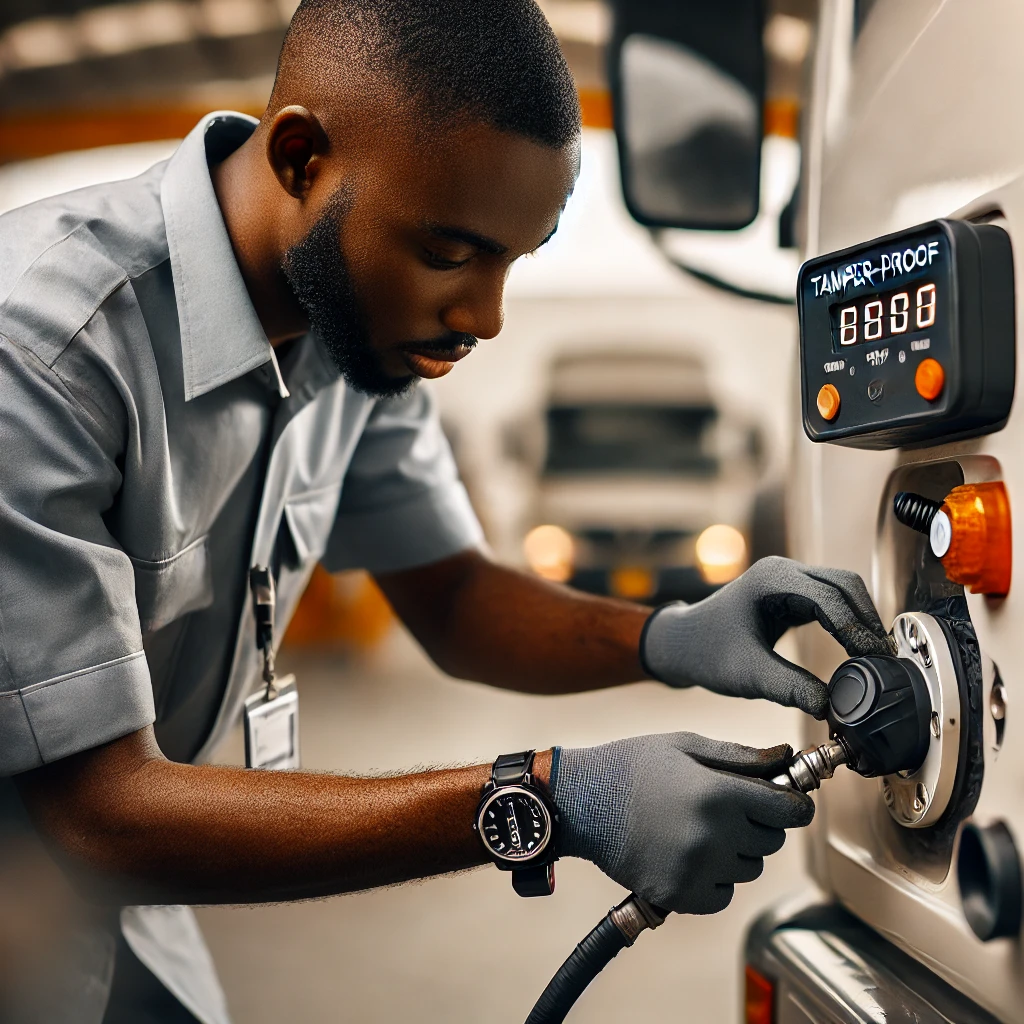 a technician installing tamper proof fuel sensors on a bus